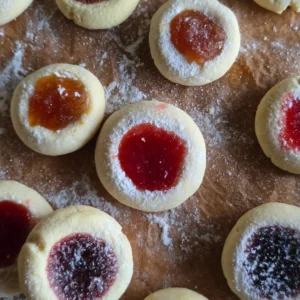 Jam thumbprint cookies: Freshly baked with bright red jam centers cooling on a baking sheet.